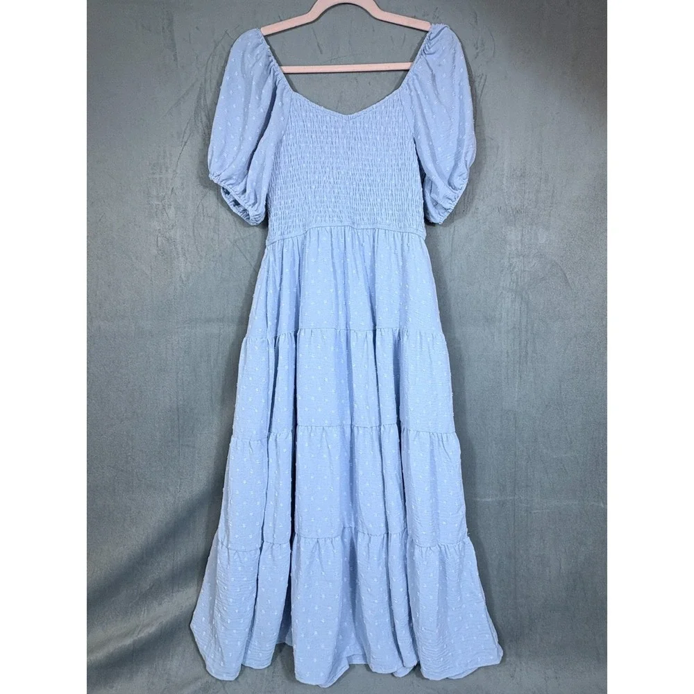 Womens Maxi Dress Blue Smocked Puff Sleeves Tiered Dress Cottagecore S NWT - Picture 2 of 16
